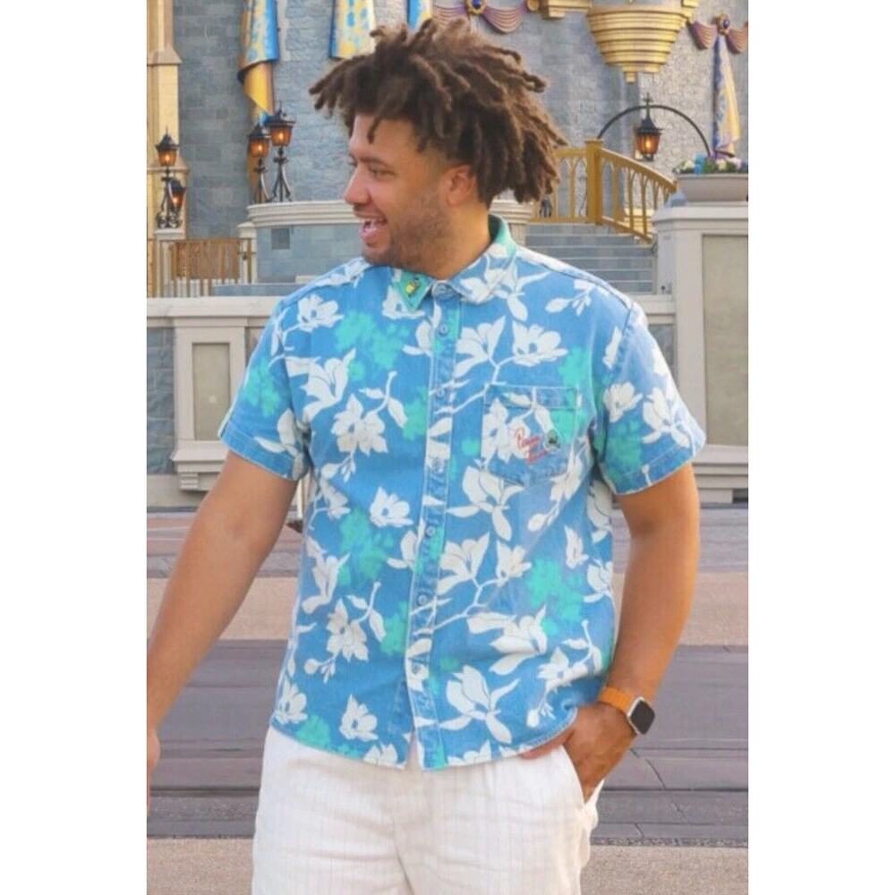 Disney Princess Tiana Hawaiian Shirt Men's XL Denim Button Up Floral Casual Top